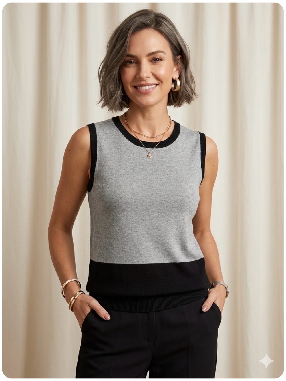 Cable & Gauge Gray Black Colorblock Sleeveless Knit Shell Top Size XL. 1828